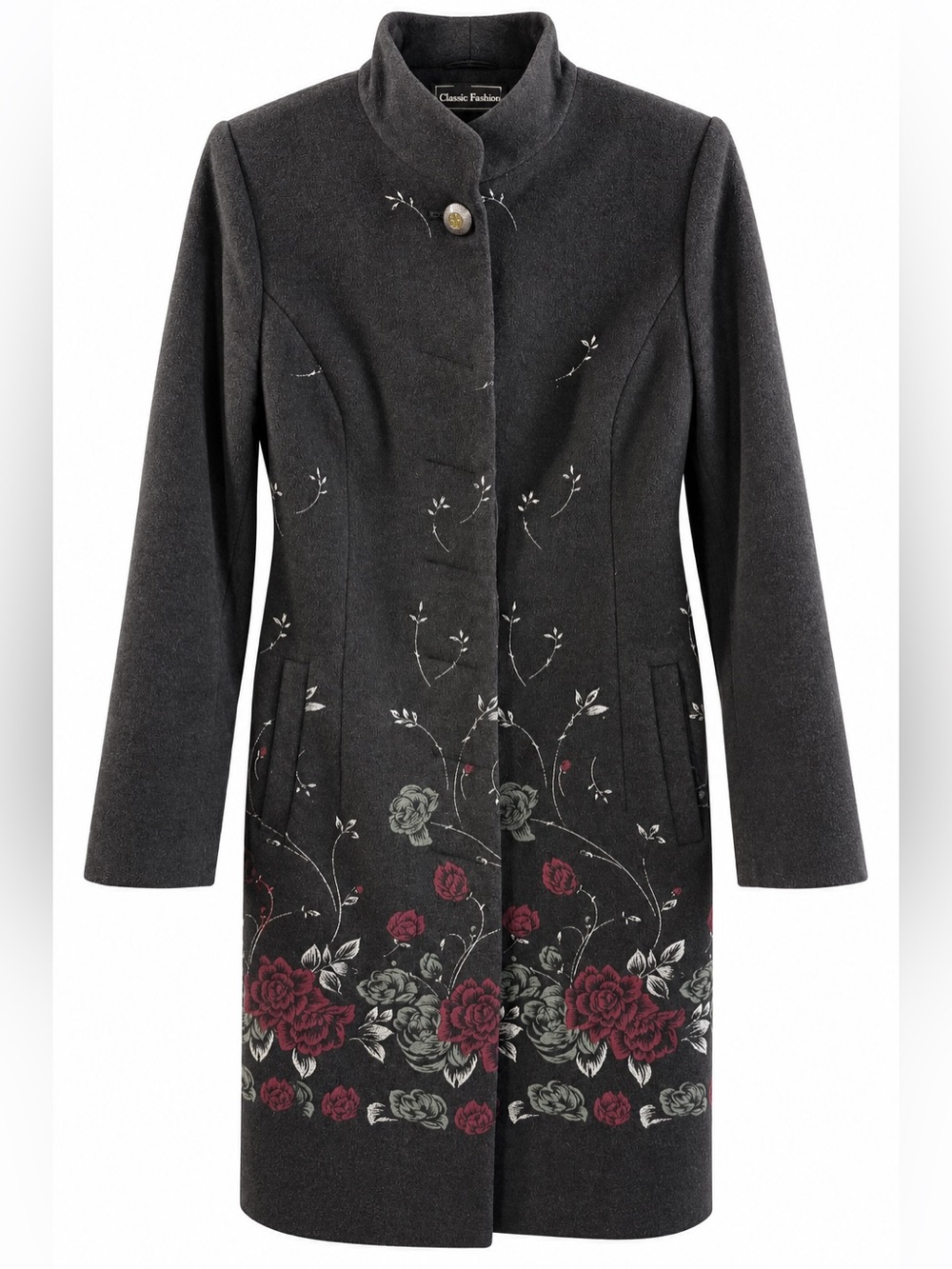Classic Fashion by Master B 100% Wool Floral Rose Long Coat Gothic Romantic S